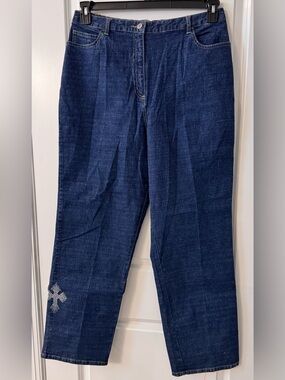 #1954 Quacker Factory Bling Time Rhinestone Cross Straight Leg Dark Indigo Jeans